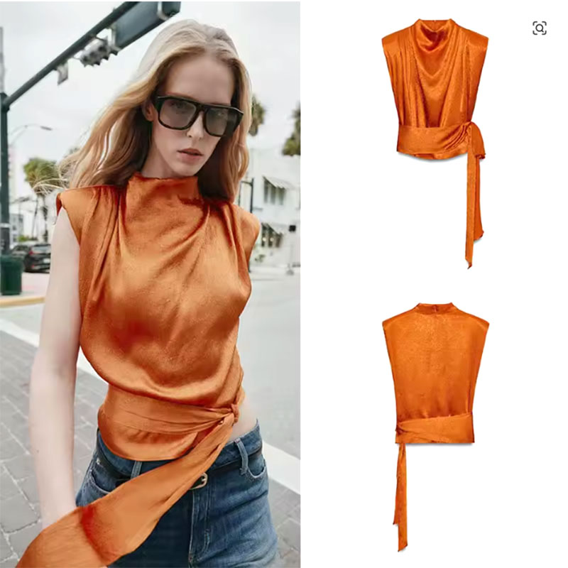 Shirt Camp Collar - Haut court sans manches en satin