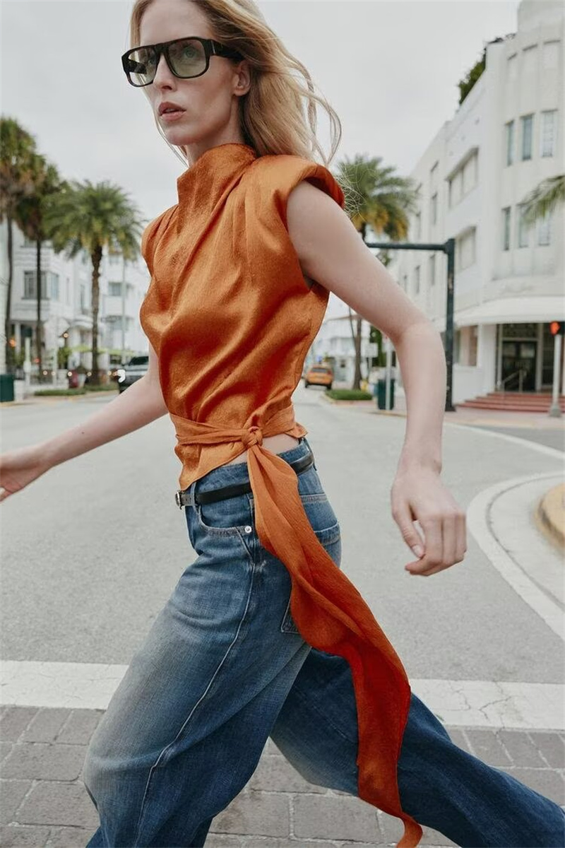 Haut court sans manches en sat - Shirt Camp Collar avis et prix